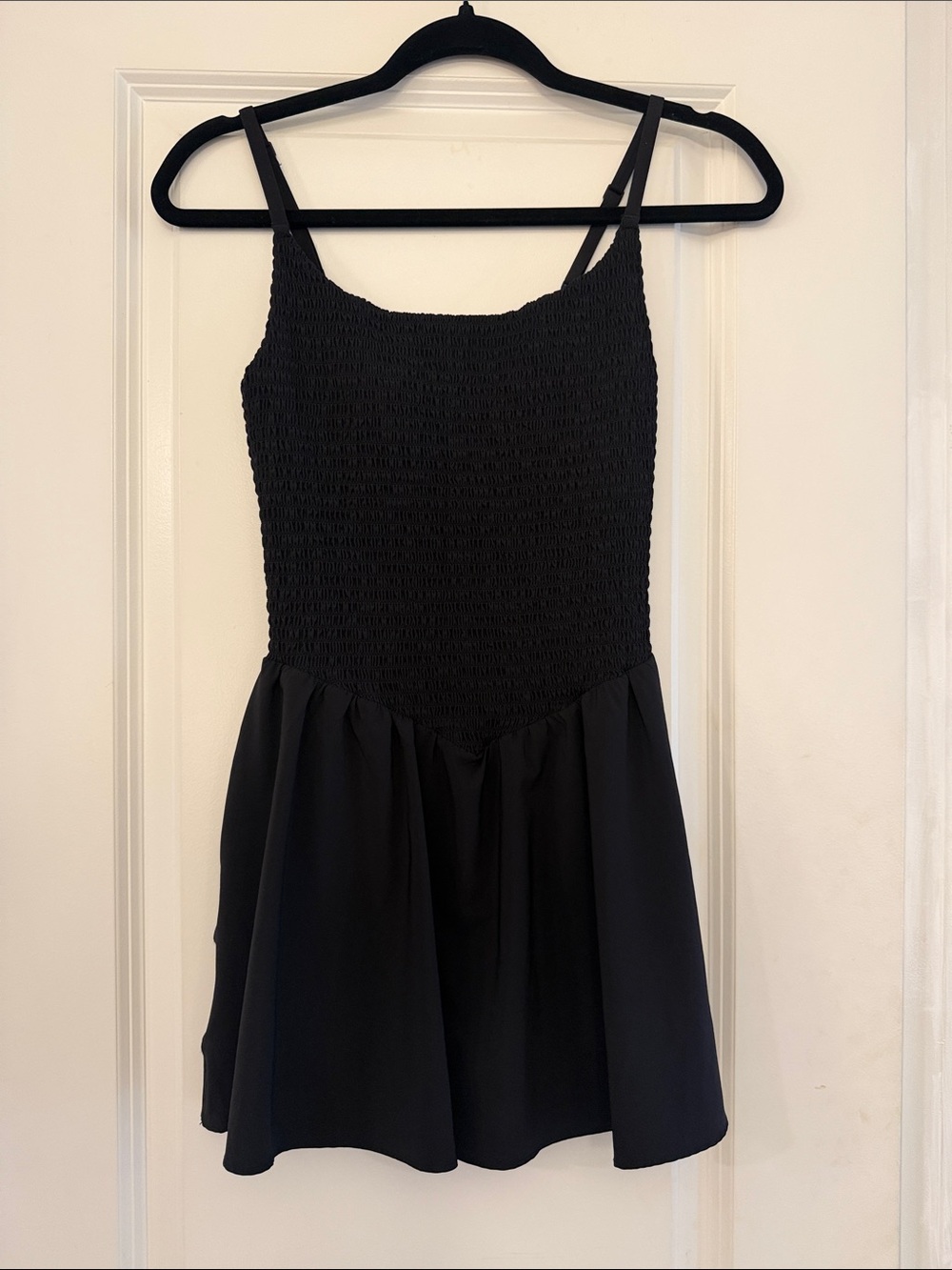aerie Black Smocked Bodice Romper with Skirted Shorts